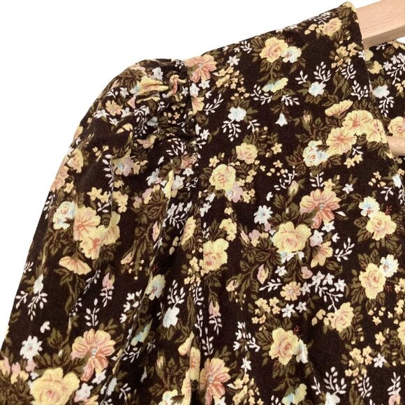 AFRM Dark Floral Puff Sleeve Smocked Waist Cropped Boho Faux Wrap Top - Picture 4 of 8